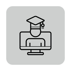 Icon of student wearing graduation cap in front of computer screen. Online education and learning platforms concept