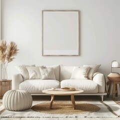 Minimalist living room interior with a white sofa. a round coffee table. a rug. and a frame on the wall
