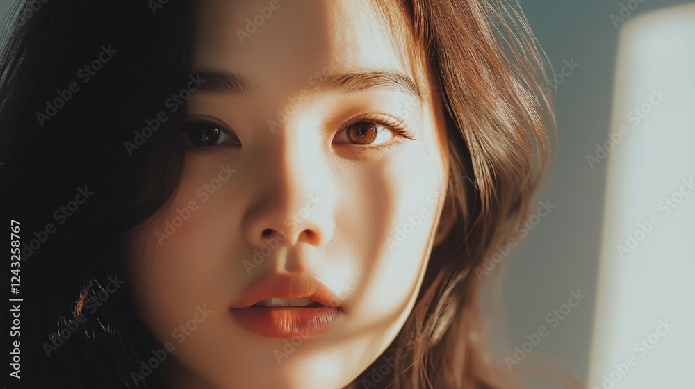Poster a young woman with a serene expression stands in gentle light. soft shadows dance across her face, h