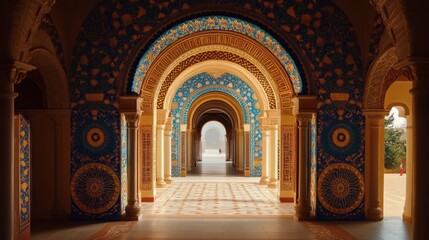 Obraz premium Arches, Palace, Interior, Corridor, Moroccan, Tile, Architecture, Sunlight, Person, Travel