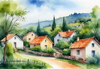 Fototapeta premium A watercolor painting of a peaceful village with trees and greenery