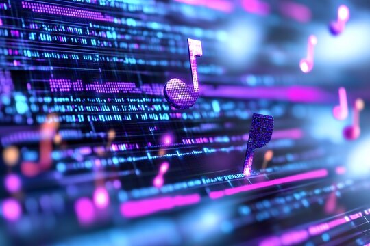 Digital music notes, futuristic background, technology, data stream, audio visualizer