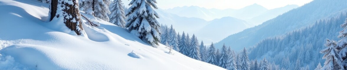 Fototapeta premium Snow-encrusted tree trunks on the mountain slope, winter scenery, winter woods