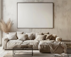 A living room with a large white frame mockup above a sectional sofa and a coffee table