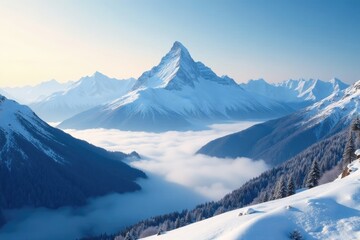 Snowy mountain peaks with misty valleys below, mountain peaks winter landscape, mountain scenery, landscape photography