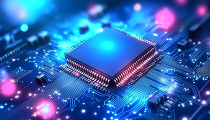 Printed circuit board abstract technological background, with different elements and a bokeh effect for a dynamic digital wallpaper