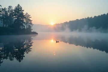 Sparkling silver mist rises from a calm lake surface at dawn, fog, water