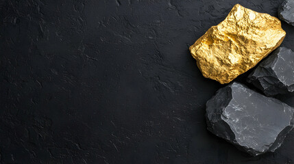 Naklejka premium Gold nugget among dark stones on black background