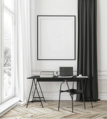 Minimalist home office with a black desk. chair. and framed poster against a white wall