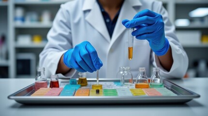 Fototapeta premium Laboratory Assistant Organizes Chemical Samples on a Metal Tray for Experiments