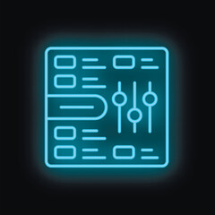 Blue neon icon of an audio equalizer glowing against a black background