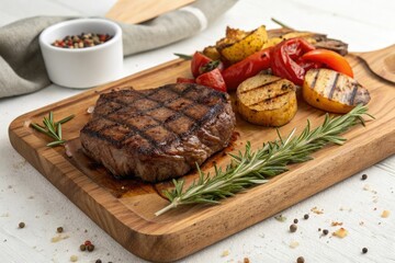 Steak served on a natural teak wood board with roasted vegetables and a sprig of rosemary, outdoor dining, roasted vegetables, steak