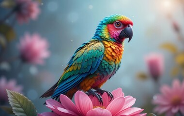Fototapeta premium An airbrush painting of a colorful bird perched on a pink flower with a fierce expression, surrounded by glowing oil details