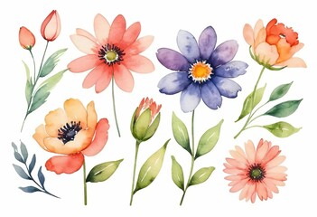 A bouquet of colorful watercolor flowers on a white background
