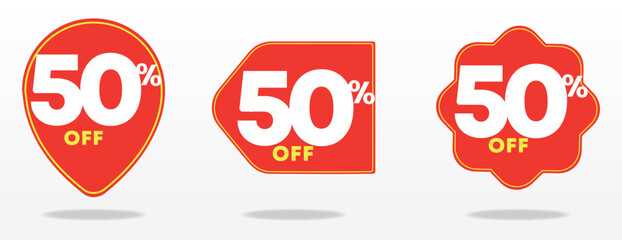 50% off. Price tag, value, offer, special. Sale, advertising, discount, marketing. Promo, shop, buy. Illustration, set, sticker, icon, vector, commerce