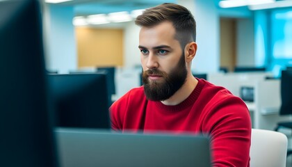 A focused man with a short beard sitting at a desk working on a computer. He wears a red sweater and is looking intently at the screen. The background features an office environment with blurred desk