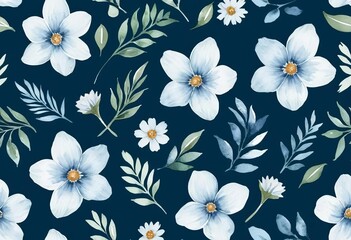 A seamless watercolor pattern with white flowers on a blue background