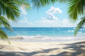 Obraz premium Tropical beach scene, sunny day, palm leaves framing ocean view, product placement