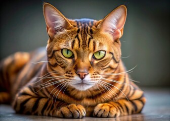 Angry Bengal Mix Cat Close-Up Portrait: Displeased Feline with Intense Gaze