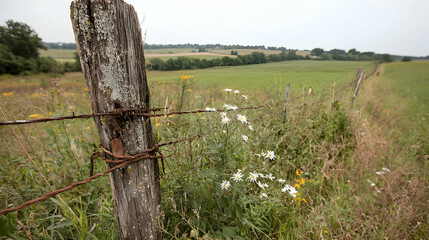Rustic fence post, wildflowers, farmland view