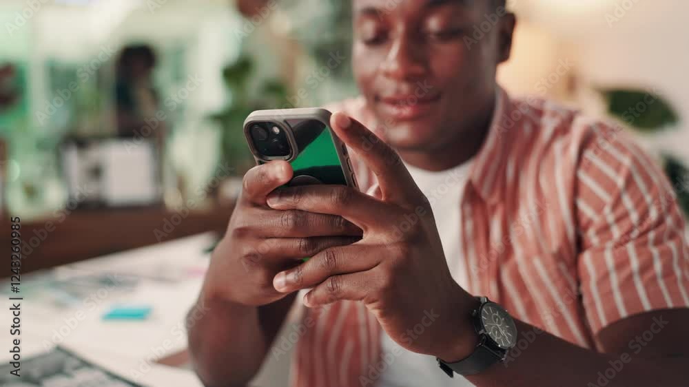 Poster hands, phone and black man in office with swipe online for stock market research with dividend yield