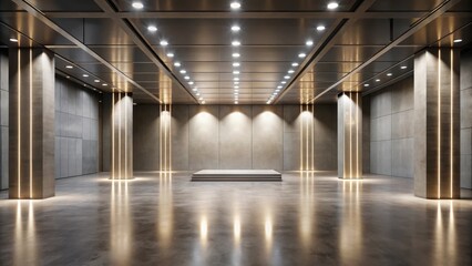 Naklejka premium Modern minimalist interior space featuring a raised platform, illuminated columns, and a sleek ceiling design perfect for showcasing products or presentations