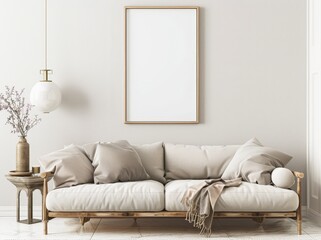 A minimalistic living room interior with a white sofa. a wooden coffee table. a framed picture. a vase with dried flowers. and a hanging lamp