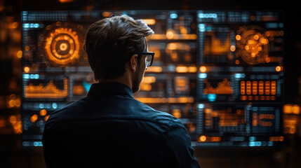 A cyber security expert giving a presentation on corporate data protection. Bright lighting, contrast