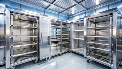 A refrigeration chamber with shelves and drawers for food storage and ice production, shelving