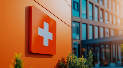Red medical cross on building facade in sunlight, healthcare symbolism
