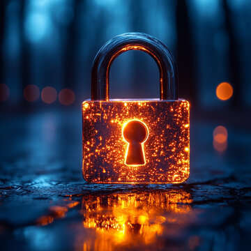 A glowing digital padlock over a financial transaction, symbolizing secure payments. Bright lighting, contrast