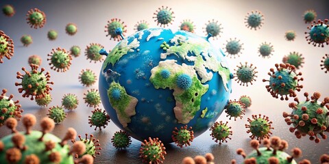 Architectural Model: Planet Earth vs. Microscopic Viruses - Isolated White Background