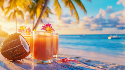 Tropical smoothie glasses on beach at sunset, refreshing relaxation