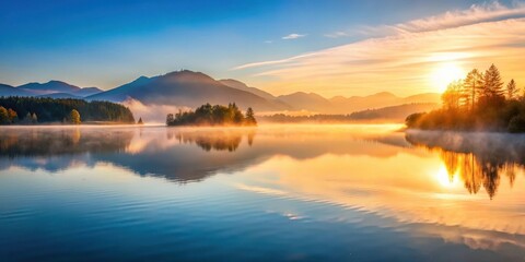 Fototapeta premium A serene landscape of a lake at dawn with mist and mountains in the background , mountain range
