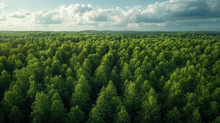 Obraz premium Aerial View of Lush Green Forest Under Cloudy Sky
