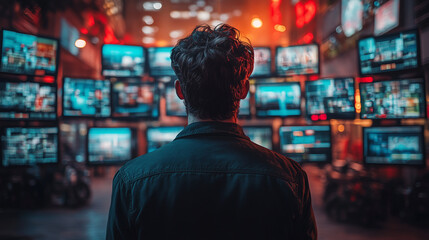 A cybercriminal with stolen personal data displayed on multiple screens. Bright lighting, contrast