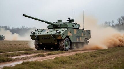 Military Vehicles Advance Through Dusty Countryside During Training Exercise