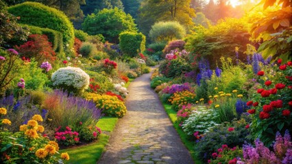 Obraz premium A tranquil pathway through a lush garden filled with vibrant flowers of every color under a warm sun, peaceful atmosphere, serene landscape