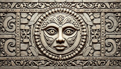 Intricate Stone Carving Sun Face Wall Art Decor