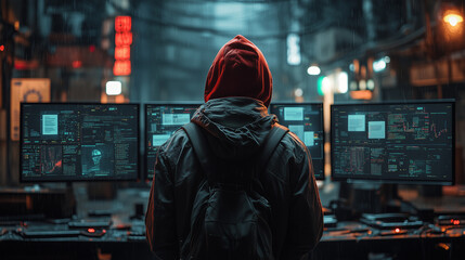 A cybercriminal with stolen personal data displayed on multiple screens. Bright lighting, contrast