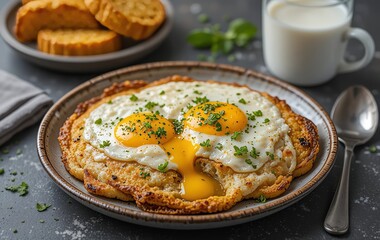 A plate with two fried eggs and a plate of garlic bread with a cup of milk and a spoon on the side, with mayonnaise and herbs as toppings.