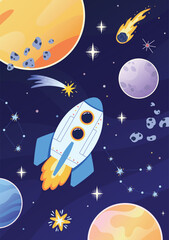 Space travel, exploration of the universe. Flight of a space rocket in the galaxy among planets and stars. Vector illustration