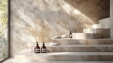 Realistic 3D render of cosmetics on three stones podium against a stone wall background, modern minimal beauty design 
