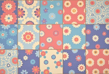 Floral Patchwork Rug: Pastel Colors, Checkered Design, Light Blue, Pink, Beige, Lavender, Cream, Quilted Pattern, Soft and Delicate.

