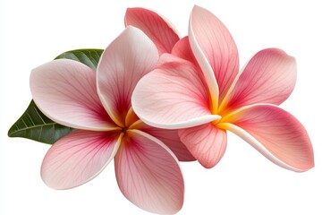 Pink Plumeria flowers, tropical leaf, white background, spa design