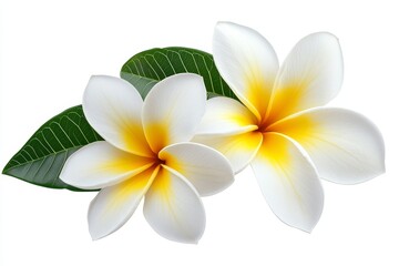 Fototapeta premium Tropical white flowers, green leaves, isolated, design element