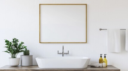 Fototapeta premium Modern Minimalist Bathroom Interior with White Sink and Gold Frame