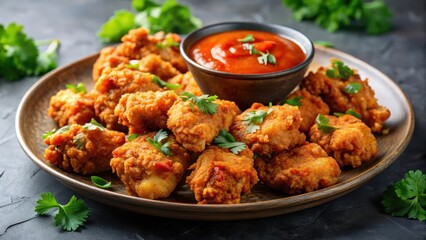 Fototapeta premium Crispy fried chicken pieces on a plate with spicy sambal sauce drizzle and fresh cilantro garnish, fried chicken, restaurant style