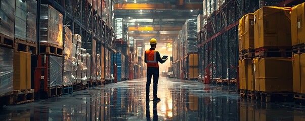 Professional worker controlling stock inventory with a digital tablet in a harbor warehouse, symbolizing global network and logistics