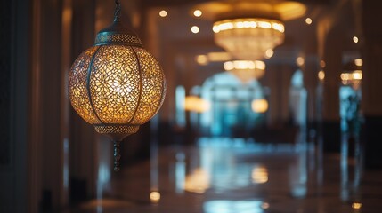 Obraz premium Elegant ornate lantern hangs in luxury hotel lobby